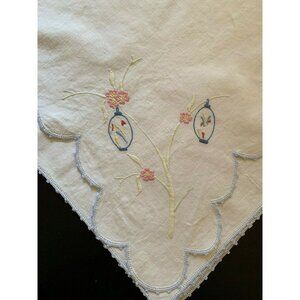 Vintage Embroidered Vase Cotton Tablecloth with Baby Blue Picot Edge 35.5" x 33"